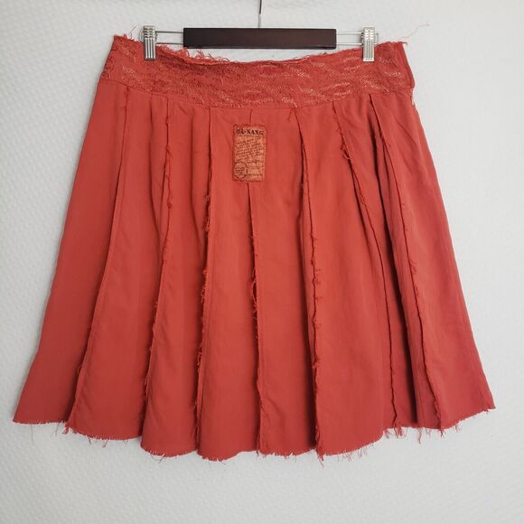 Vintage Da Nang Pleated Skirt Red Orange Grunge Skater‎ Size L Boho Raw Edges - Picture 2 of 8
